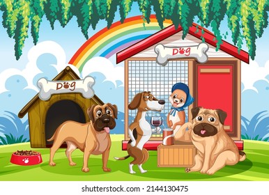 A group of different dog do various activities in the park illustration