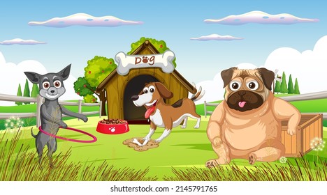 A group of different dog do various activities in the park illustration