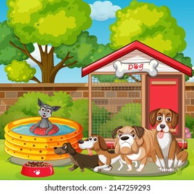 Un grupo de perros diferentes realizan diversas actividades en la ilustración del parque