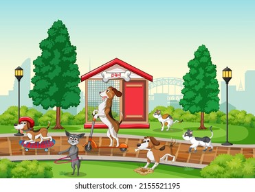 A group of different dog do various activities in the park illustration