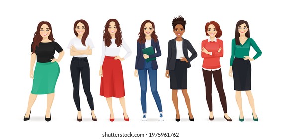 Group of different elegant casual business women standing isolated vector illustration