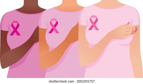 Group of different ethnic women close up. Women with breast cancer awareness ribbons. Girls fight cancer together. Vector illustration