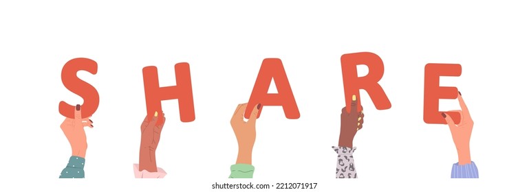 Group of different female hands holding red word Share. Diverse multi-ethnic people are together. Vector hand drawn illustration in cartoon style. Partnership and solution cooperation.