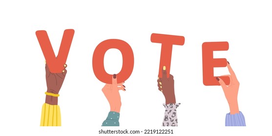 Group of different female hands holding red word Vote. Diverse multi-ethnic people are together. Vector hand drawn illustration in cartoon style. Partnership and solution cooperation.