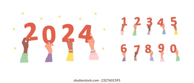 Group of different female hands holding red festive 2024 numbers for New Year celebration. Diverse multi-ethnic people are together. Vector hand drawn illustration in cartoon style.