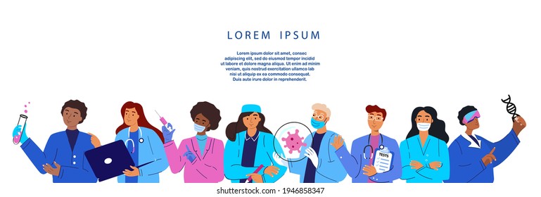 Group of Different female,male Doctors,Surgeons,Therapists.Medic staff characters with stethoscope,clipboard, syringe,Covid Symbol.Healthcare service or check up.Medical professional in uniform Vector