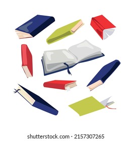 Group of different flying books with blank pages vector illustration isolated on white background.Colorful books of different size and color beautiful design element.