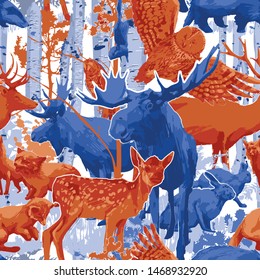 Group of different forest animals with birch trees and bushes. Vector repeated seamless pattern drawn with rough brush in contrast colors
