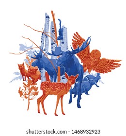 Group of different forest animals with birch trees and bushes on the background. Vector illustration drawn with rough brush in contrast colors