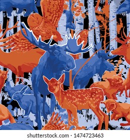 Group of different forest animals with birch trees and bushes. Vector repeated seamless pattern drawn with rough brush in contrast colors