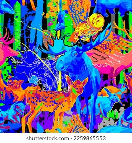 Group of different forest animals with birch trees and bushes. Vector repeated seamless pattern drawn with rough brush in contrast colors