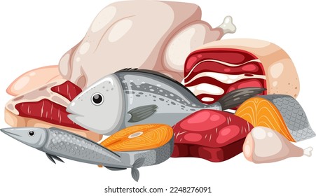 Group of different fresh meats illustration