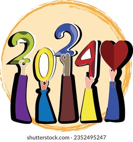 Group of different hands holding festive 2024 numbers for New Year celebration. Colorful vector illustration