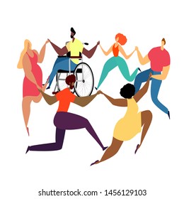 A group of different happy friends having fun with their handicapped friend. Modern bright flat style card for blogs and social media. Motivation and inspiration illustration for invitations, greeting