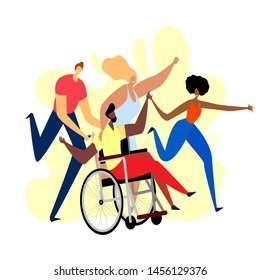 A group of different happy friends having fun with their handicapped friend. modern bright flat style card for blogs and social media. Motivation and inspiration illustration for invitations, greeting