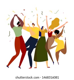 A group of different happy friends having party. Modern bright flat style card for blogs and social media. Motivation and inspiration illustration for invitations, greeting cards, prints, posters