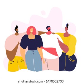 A group of different happy friends having fun. Bright flat style card for blogs and social media. Motivation and inspiration illustration for invitations, greeting cards, prints, posters
