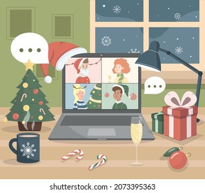 Group of different happy people in winter costumes have Christmas virtual discussion. Friends have meeting online and celebrating Christmas. Christmas or New Year holiday concept vector illustration.