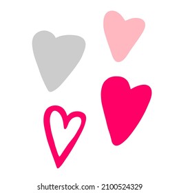 Group of different hearts isolated on white background. Raspberry, pink and gray heart. Drawn in a flat style and line. Hand drawn. Vector illustration.