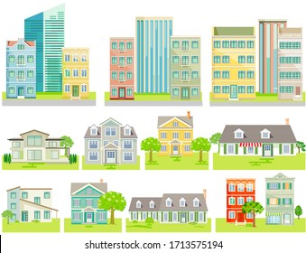 un grupo de casas diferentes, vectorial, cortado - fondo neutro,