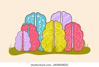 Group of different human brains. Neurodiversity symbol. Brainstorming, creative thinking sign. Colorful human minds metaphor. Vector illustration