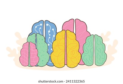 Group of different human brains. Neurodiversity symbol. Brainstorming, creative thinking sign. Colorful human minds metaphor. Vector illustration