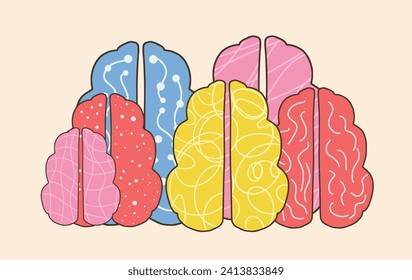 Group of different human brains. Neurodiversity symbol. Brainstorming, creative thinking sign. Colorful human minds metaphor. Vector illustration