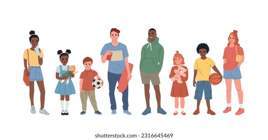 Group of different kids and teenagers. Vector flat cartoon illustration