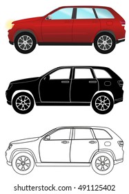 Group of different kind terrain vehicles: red colored, black silhouette, contour. Vector illustration