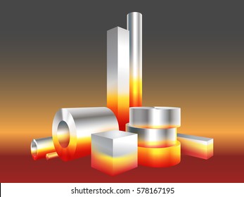 Group different melt hot metal steel objects. Vector illustration.