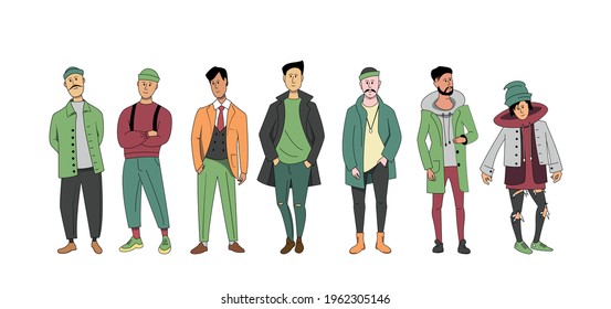 Un grupo de hombres de diferentes edades de pie juntos. Un conjunto de personajes vestidos de calle.