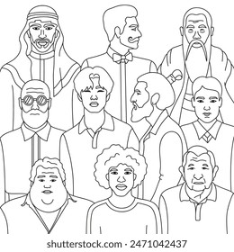 Group of different men. Different races and ages. Vector black and white image.