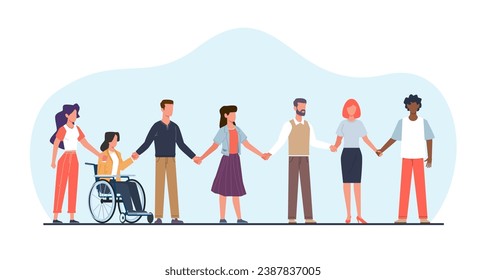 Group of different men and women standing together holding hands. Multicultural group of young persons. Woman on wheelchair. Diverse group. Cartoon flat style isolated vector concept