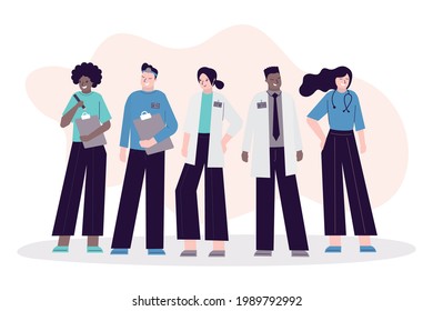 Group Of Different Multicultural Doctors And Nurses In Uniform. Team Of Various Medical Professionals. Concept Of Healthcare, Hospital Workers. Medical Personnel Team. Trendy Flat Vector Illustration