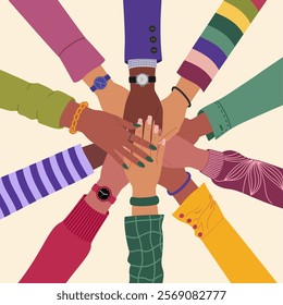 Group of different multiracial hands putting together. Concept of teamwork, social movement, partnership, cooperation. Hand drawn vector illustration isolated on light background, flat cartoon style.