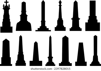 Group of different obelisks isolated on white background