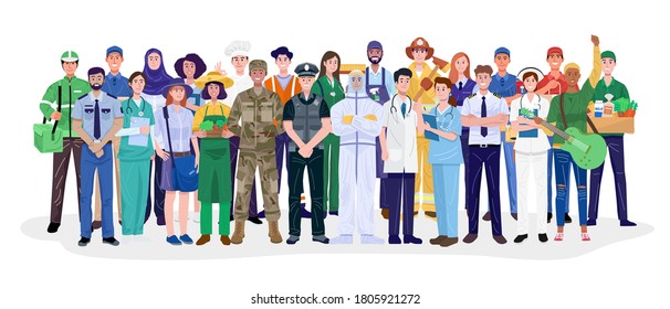 Group of different occupations standing on white background. Vector
