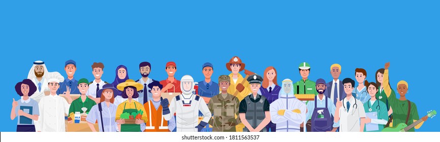 Group of different occupations standing on blue background. Vector