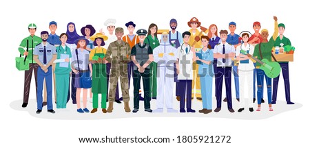 Group of different occupations standing on white background. Vector