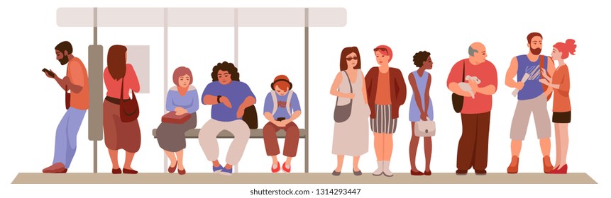 group of different, ordinary people standing, sit at a public transport stop. different Nations and ages.