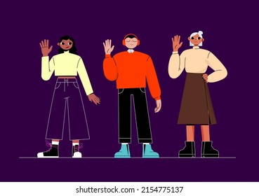 Group Of Different People, African American Girl, Caucasian Man And Elderly Woman. Concept Of Diversity Of Human Nation And Age. Vector Flat Illustration Of Diverse Characters Waving Hand