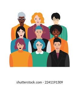 Group of different people (age, gender, race). Vector hand drawn illustration.