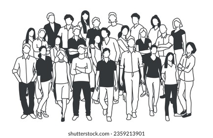 Grupo de personas diferentes en la comunidad aisladas en el fondo blanco. Ilustración vectorial dibujada a mano. Blanco y negro.