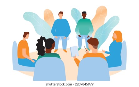 Group of different people consulting a psychotherapist, flat vector stock illustration with challenges stigmas around mental health