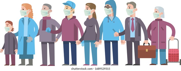 A group of different people, a crowd of people in white protective masks protect themselves from the coronavirus (2019-nKoV). Vector illustration in a flat style.