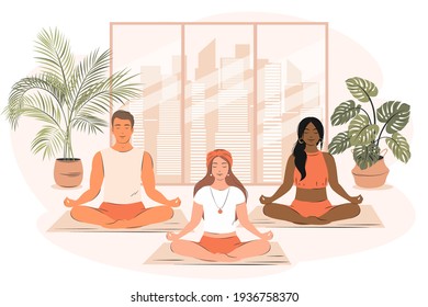 Group Of Different People Do Yoga And Meditates  In Gym. Concept Of Yoga School, Health Care And Sport, Stress Relief, Physical And Mental Health. Flat Vector Illustration