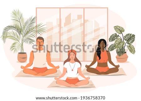 Group of different people do yoga and meditates  In gym. Concept of yoga school, health care and sport, stress relief, physical and mental health. Flat vector illustration