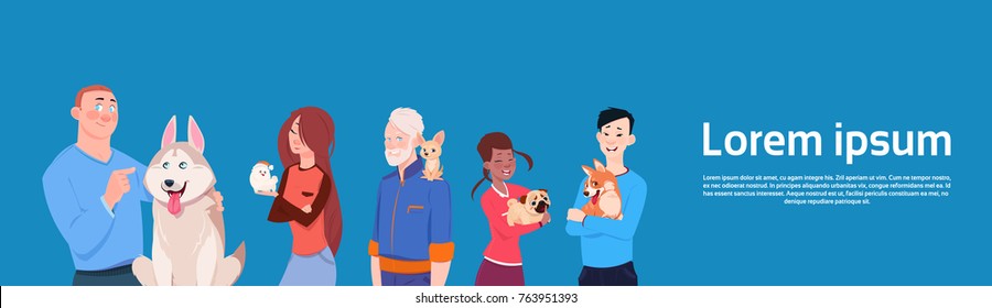 Group Of Different People Holding Cute Dogs Owners With Pets Flat Vector Illustration