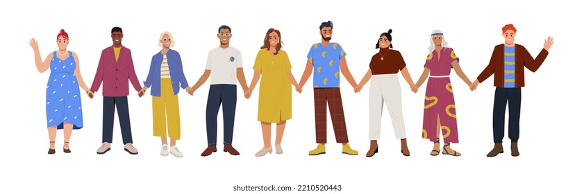 Group of different people holding hands. Happy smiling men and women stand together. Unity, friendship and community. Support and help. Cartoon flat vector illustration isolated on white background