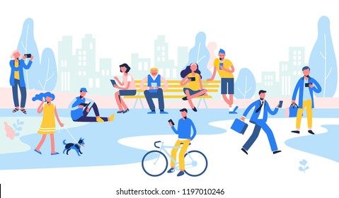 Group of different people with mobile phones and gadgets on city background. Set of male and female characters use smartphone, make selfie and texting, in flat style. Trendy persons crowd on street